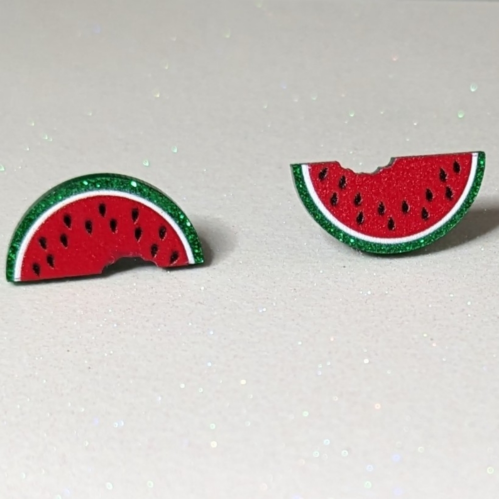 Watermelon slice red glitter acrylic stud earrings - Picture 1 of 7